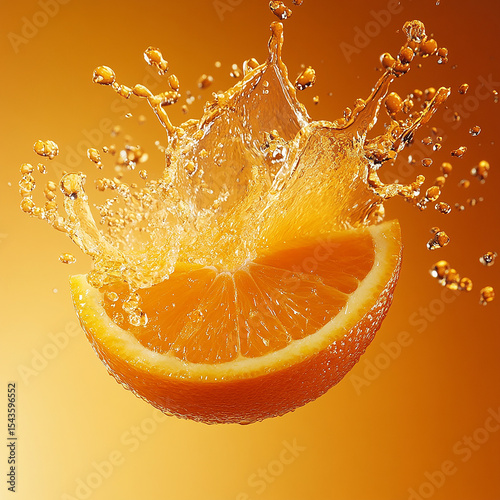 Orange Splash: A vibrant orange slice bursts with freshness, captured mid-air, creating an explosion of refreshing juice, symbolizing vitality and deliciousness.