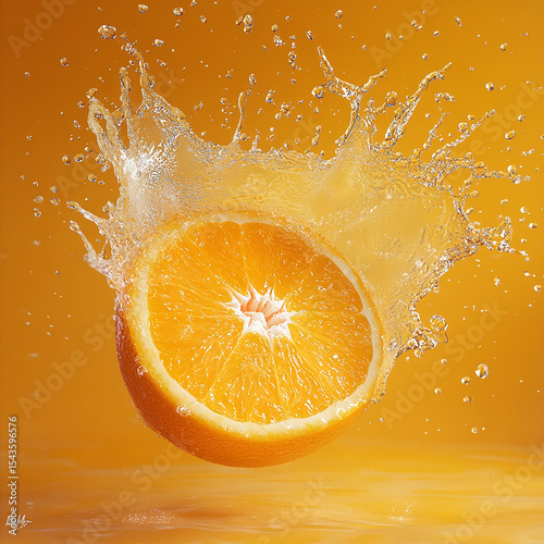 Vibrant Orange Burst: A halved orange undergoes a spectacular water splash, showcasing a symphony of refreshment, color, and vitality in a brilliant display of juicy delight.