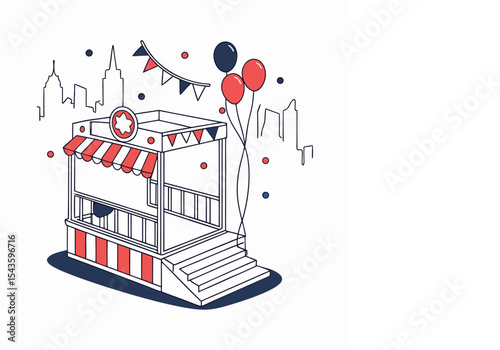 Festive market stall illustration with balloons and city skyline backdrop