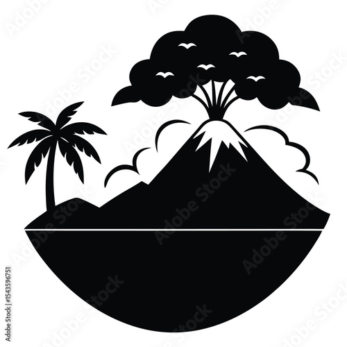 Tropical Volcanic Island Erupting Volcano, Palm Tree, Birds Silhouette