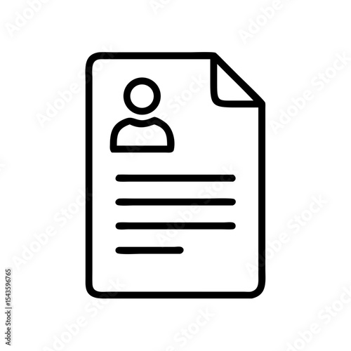 Minimalist black and white vector icon of a resume or CV showing a profile outline. Represents job applications, professional profiles, recruitment, and career documents