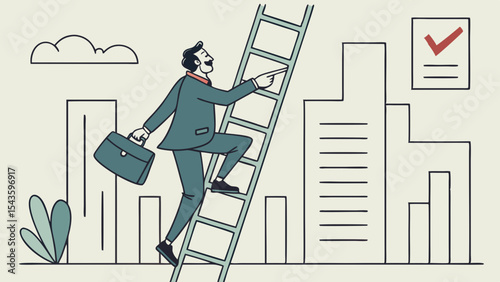 Businessman climbs ladder, checking off items on list, symbolizing success and ambition