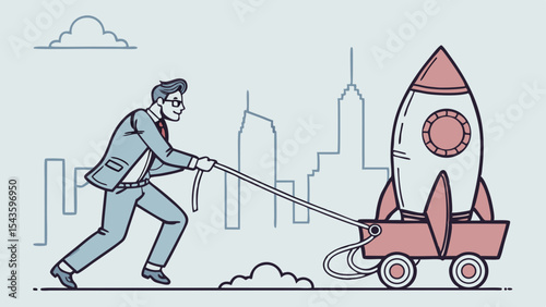 Businessman pulls rocket on wagon symbolizing ambition and innovation in cityscape