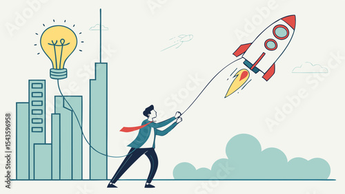 Businessman launches rocket with idea lightbulb, symbolizing innovation and growth