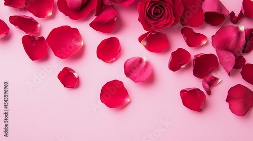 Red rose petals falling gently on a pastel pink background soft, dreamy aesthetic ideal for social media posts.