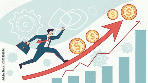 Businessman runs along upward trending graph, symbolizing success and growth