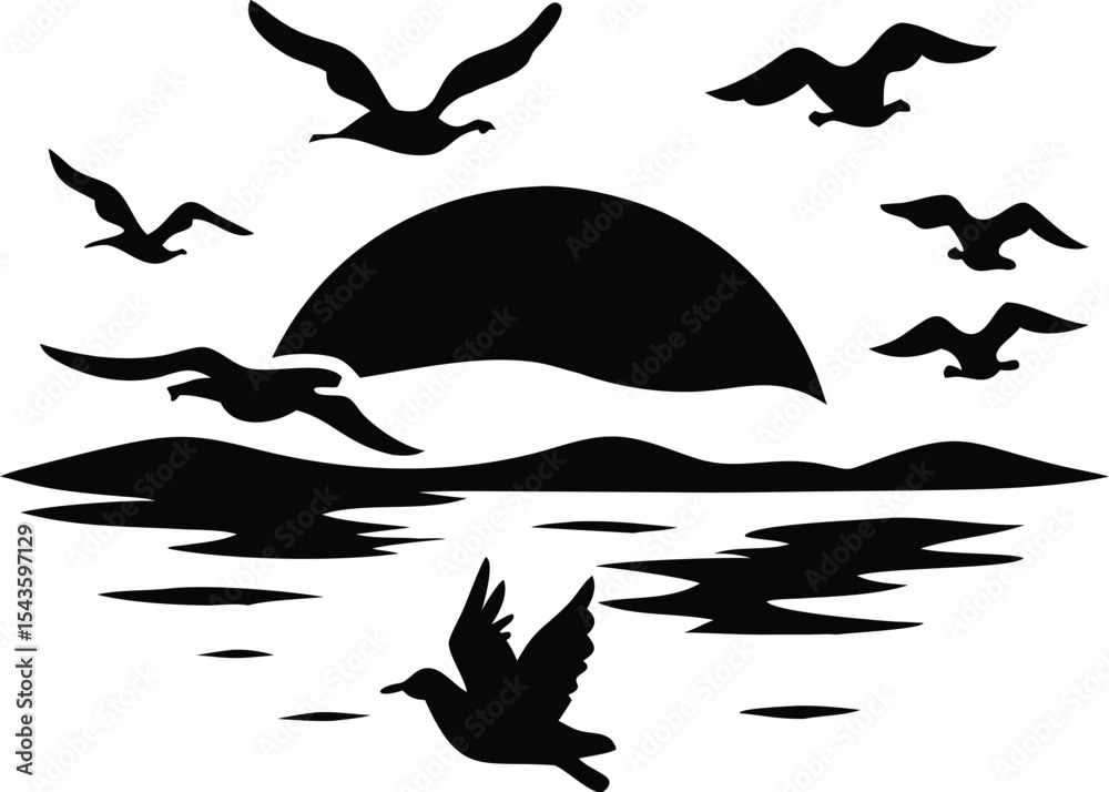 Obraz premium Silhouette of Birds Flying Over Water at Sunset: Peaceful Scene with Ocean and Sky, Vector Graphic for Creative Design Projects [193 Characters] 