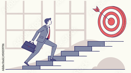 Businessman strides purposefully up staircase towards target, symbolizing ambition and success
