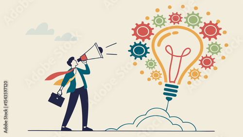 Businessman uses megaphone to share innovative ideas, symbolizing creativity and communication