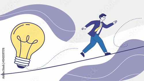 Businessman walks tightrope with light bulb symbolizing ideas and innovation