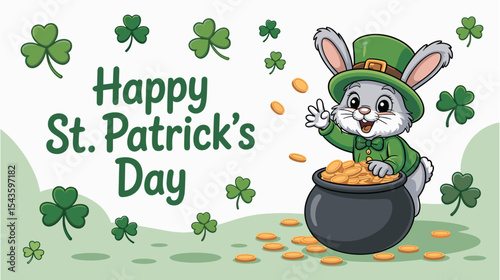 Rabbit in leprechaun costume tossing coins near pot of gold on light green background, St. Patrick’s Day vector with copy space
