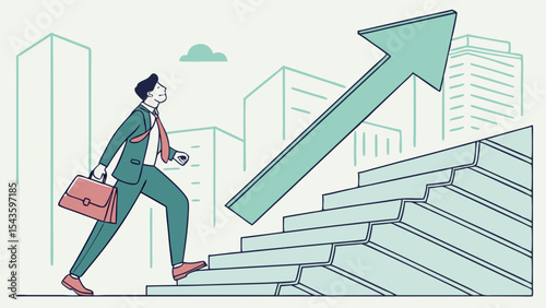 Businessman walks confidently toward large upward pointing arrow, symbolizing growth and success