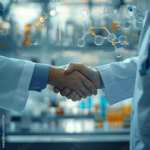 Science Collaboration: A detailed shot of two scientists, with a focused, professional composition, sharing a handshake within a state-of-the-art lab. Symbolizing the power of synergy. 