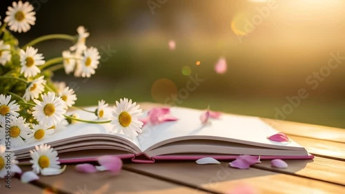 Open Book with Daisy Flowers and Petals in Golden Light