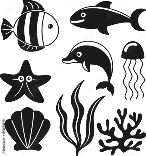 Black and white sea life vector collection with fish dolphin jellyfish starfish coral