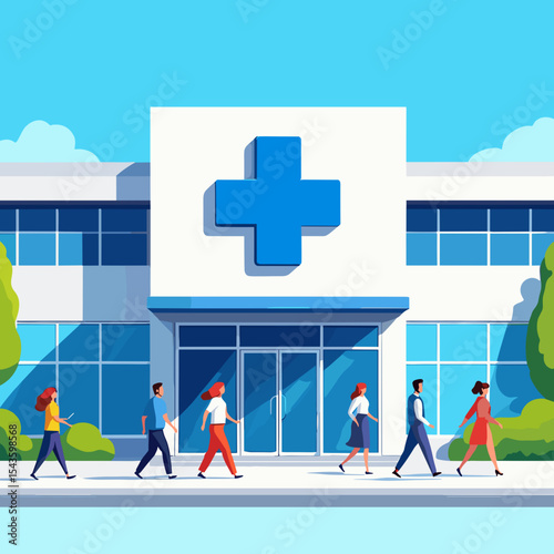 People walking near modern medical center in summer