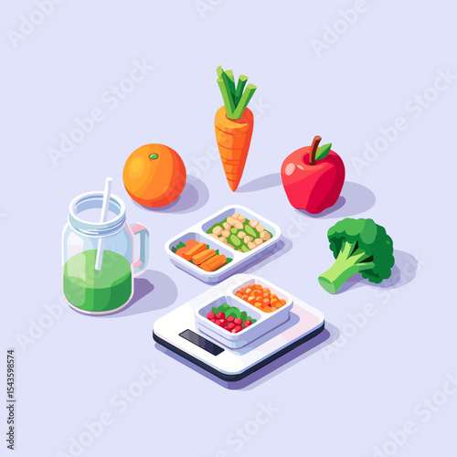 Healthy food and juice on kitchen scale in isometric style