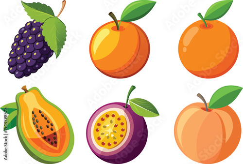 Assorted Fruits Grapes, Oranges, Papaya, Passion Fruit, Peach with Leaves Isolated