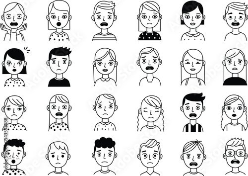 Diverse Collection of Monochrome Line Art Avatars Displaying Various Emotions and Facial Expressions, Including Surprise, Sadness, and Concern, for UI/UX Design Elements, Vector Set