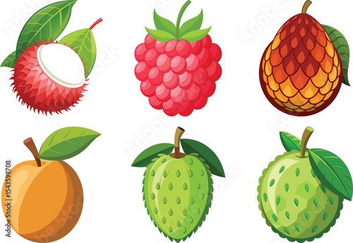 Assorted Tropical Fruit Set Rambutan, Raspberry, Salak, Peach, Soursop, Cherimoya