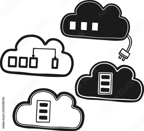 Cloud computing icons black and white hand drawn style collection isolated