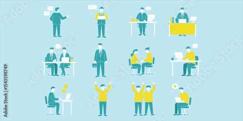 Dynamic Illustrations of Business Professionals Collaborating, Presenting, Working Efficiently, and Celebrating Success in Modern Office and Coworking Spaces, Promoting Productivity, Vector Collection