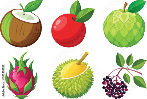 Collection of Cartoon Fruits Coconut, Apple, Sugar Apple, Dragon Fruit, Durian, Berry