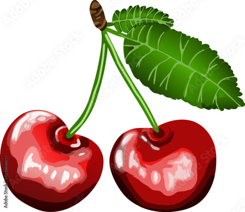A fresh cherry with attached leaves, captured in a clean and minimal composition that highlights natural form and organic beauty — ideal for food, botanical, or seasonal themes