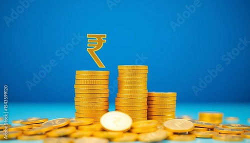 Golden coins stacking up, showing rupee symbol, depicting wealth growth,   uptrend,  gold coin photo