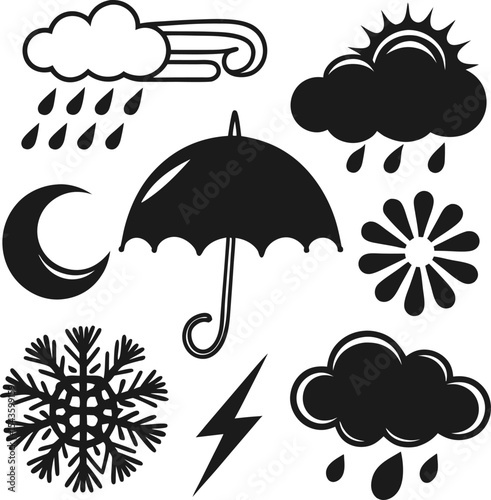 Black and white weather icons set umbrella rain cloud sun snowflake