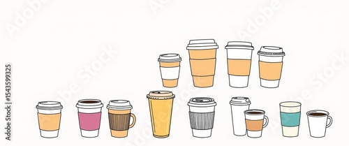 Hand-drawn doodle vector illustration of a collection of various disposable coffee cups, perfect for cafe or takeaway branding,   white background,   icon