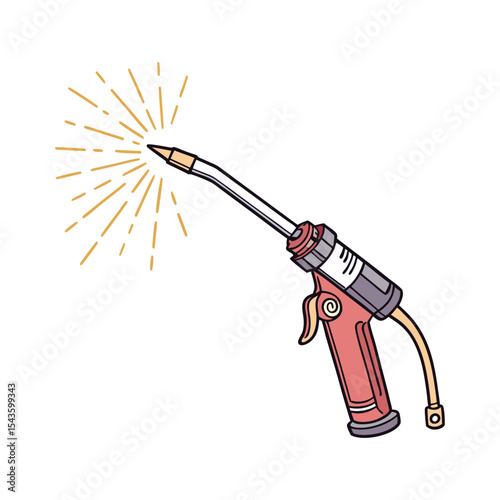 Cartoon illustration of a grease gun with oil spray leakage isolated