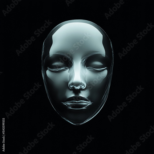 Serene Mask: A glass face with closed eyes casts a captivating shadow in a dark background, symbolizing introspection and tranquility.