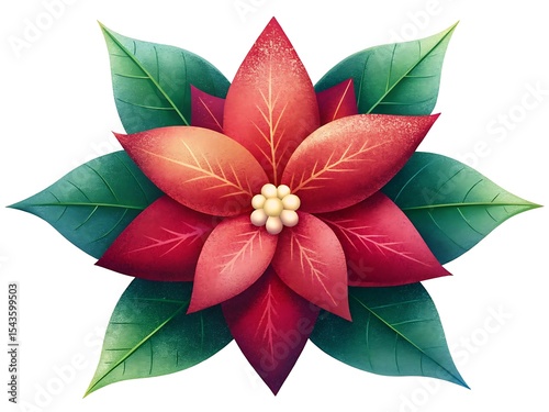 A red poinsettia flower with green leaves isolated on white background