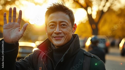 An Asian man smiles friendly and waves his hand with a sunset background
