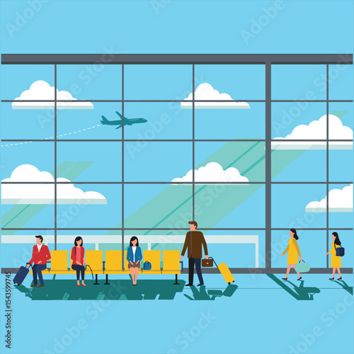 Travelers Waiting in a Modern Airport Departure Lounge with Airplanes Outside, Representing Global Travel, Business Trips, Leisure Journeys, and the Excitement of Aviation, Vector Illustration
