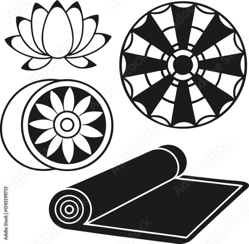 Buddhism symbol set with dharma wheel lotus flower and meditation mat line art