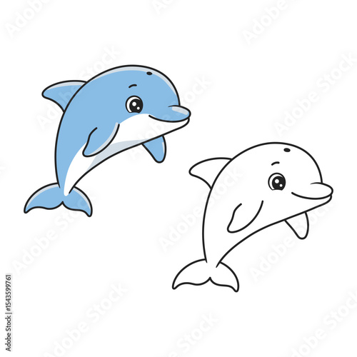 "Cartoon Dolphin Jumping – Color and Outline Drawing for Kids"