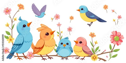 Cute spring birds cartoon set, isolated on white background Vector illustration, artwork, kids