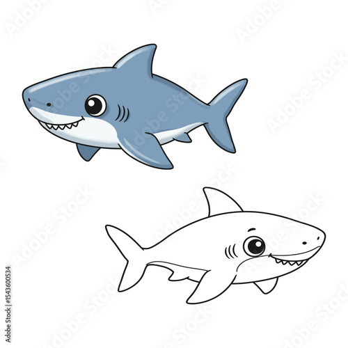 "Cartoon Shark Illustration – Color and Outline for Kids"