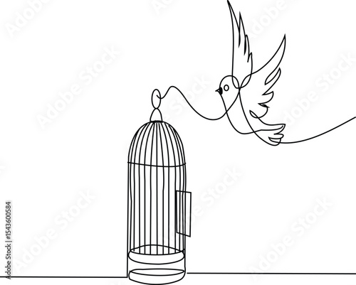 Continuous Line Drawing of a Bird Flying Out of a Cage – Freedom Concept vector Illustration


