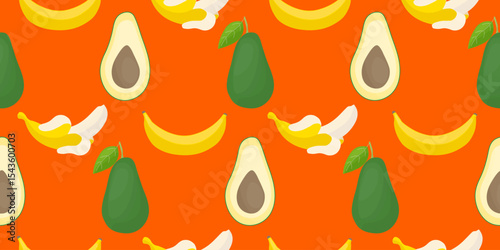 Avocado and banana on an orange color background. Seamless pattern under clipping mask, convenient for editing. Fruit background for paper, cover, textile.