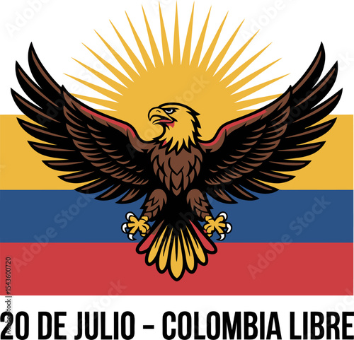 Colombias flag with eagle badge and 20 de julio colombia libre lettering wrapped in bold red line  
