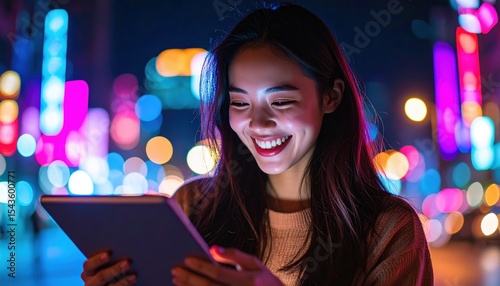 Smiling Woman Using Tablet at Night: Engaging with device in vibrant city lights.