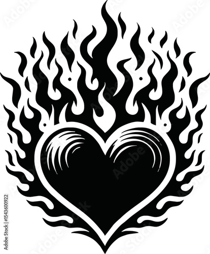 burning heart silhouette. Fire around the heart shape tattoo style. black love symbol isolated on white background. Vector illustration