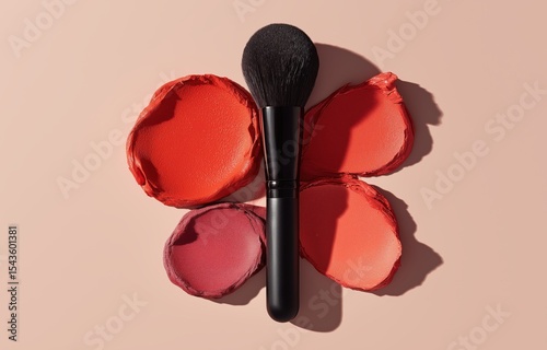 Black makeup brush positioned artistically among vibrant color paint swatches for creative inspiration in beauty design