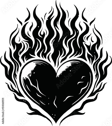 burning heart silhouette. Fire around the heart shape tattoo style. black love symbol isolated on white background. Vector illustration