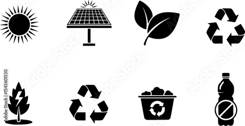 set of eco icons, such as clean energy, leaf, recycle, plastic
