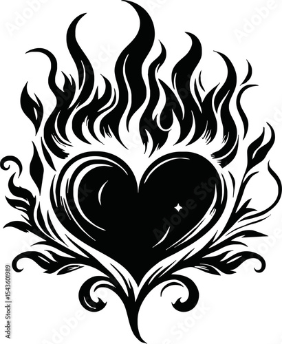 burning heart silhouette. Fire around the heart shape tattoo style. black love symbol isolated on white background. Vector illustration