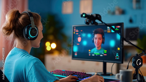 Engaged female gamer using face recognition technology while streaming in a colorful room